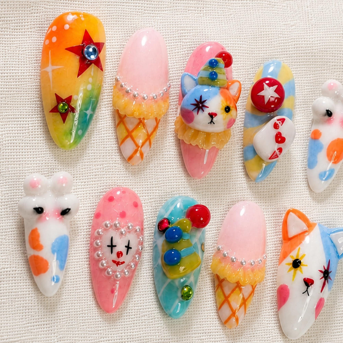 3D Kawaii Circus Press On Nails, Pastel Cat Carnival Nail Art