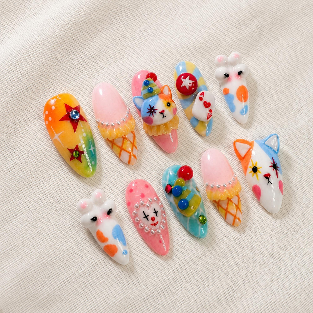 3D Kawaii Circus Press On Nails, Pastel Cat Carnival Nail Art