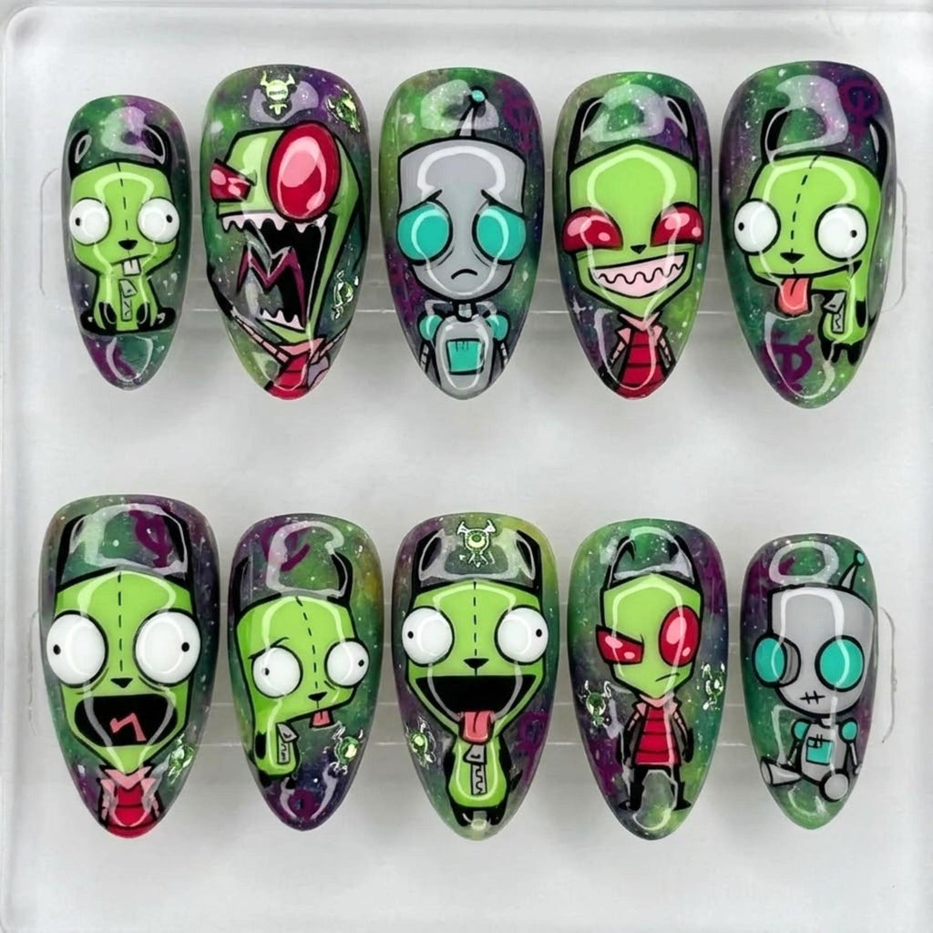 Green Alien Cartoon Press On Nails | Space Robot & Galaxy Almond Fake Nails | Y2K Sci-Fi Comic Inspired Handmade Gel Set