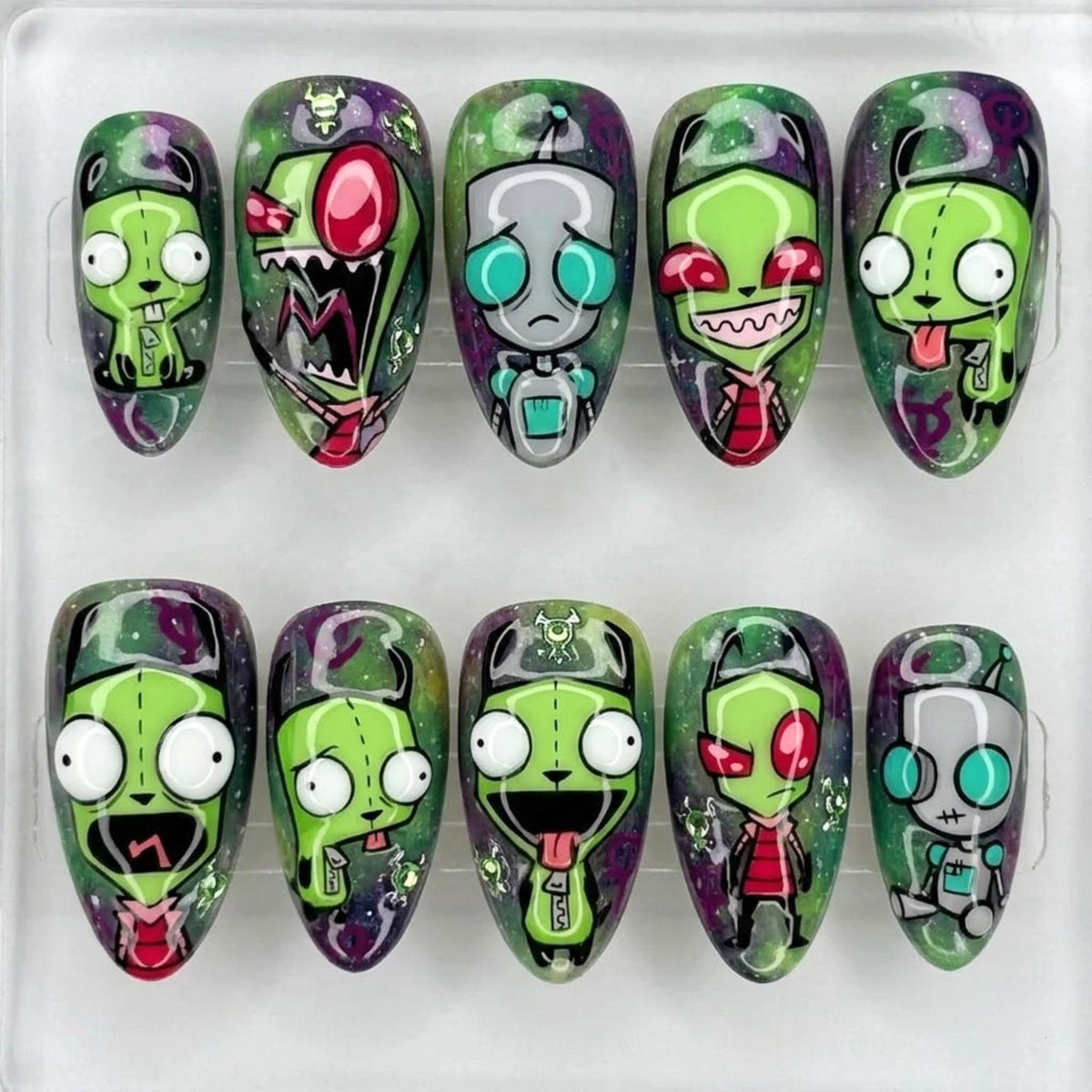 Green Alien Cartoon Press On Nails | Space Robot & Galaxy Almond Fake Nails | Y2K Sci-Fi Comic Inspired Handmade Gel Set