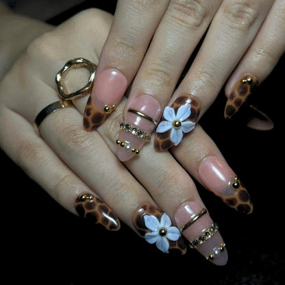 Leopard Print Press On Nails, Mocha Nude Luxury Nails, 3D Flower Gold Nails, Quiet Luxury Handmade Press On Set, JB445U