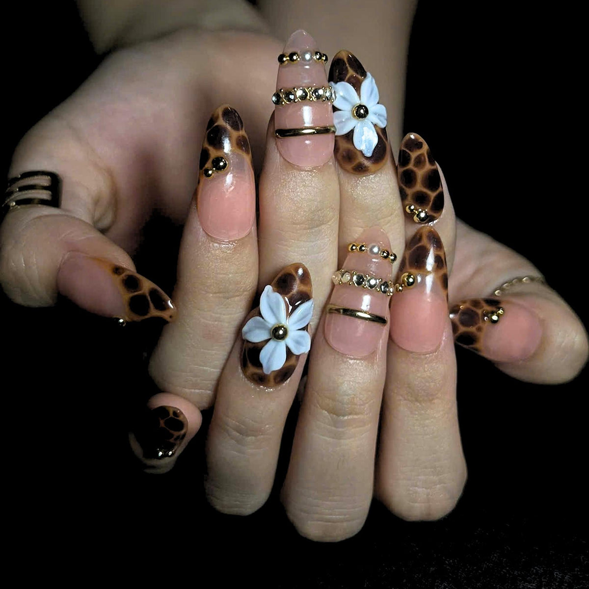 Leopard Print Press On Nails, Mocha Nude Luxury Nails, 3D Flower Gold Nails, Quiet Luxury Handmade Press On Set, JB445U