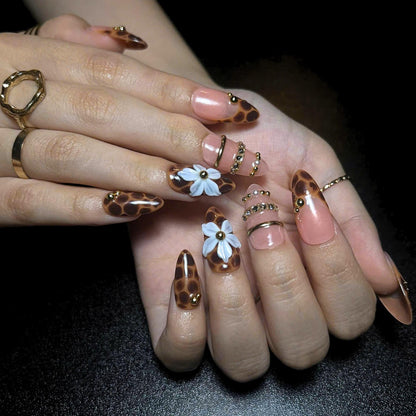 Leopard Print Press On Nails, Mocha Nude Luxury Nails, 3D Flower Gold Nails, Quiet Luxury Handmade Press On Set, JB445U