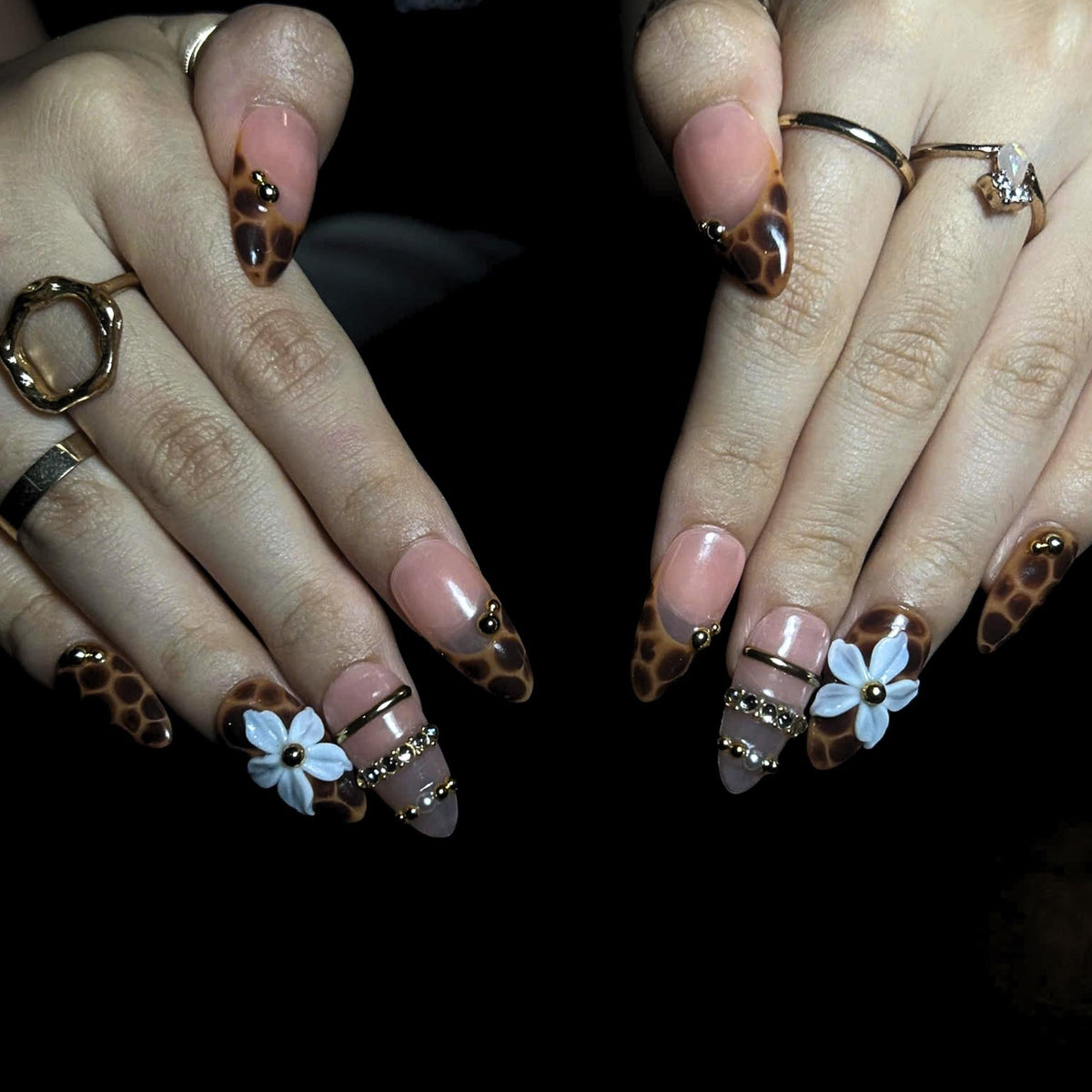 Leopard Print Press On Nails, Mocha Nude Luxury Nails, 3D Flower Gold Nails, Quiet Luxury Handmade Press On Set, JB445U