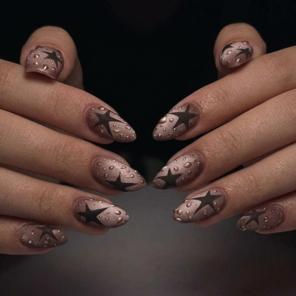 Black Star Y2K Press On Nails | Matte Water  Nail Set | Soft Grunge Starcore Handmade False Nails | JB446UC