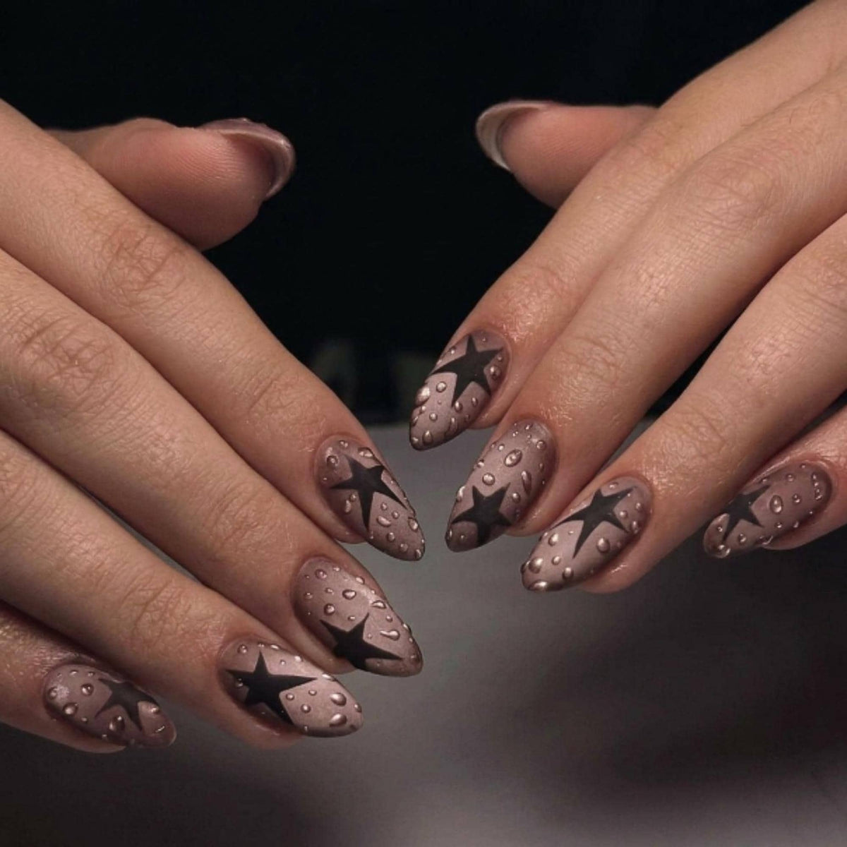 Black Star Y2K Press On Nails | Matte Water  Nail Set | Soft Grunge Starcore Handmade False Nails | JB446UC