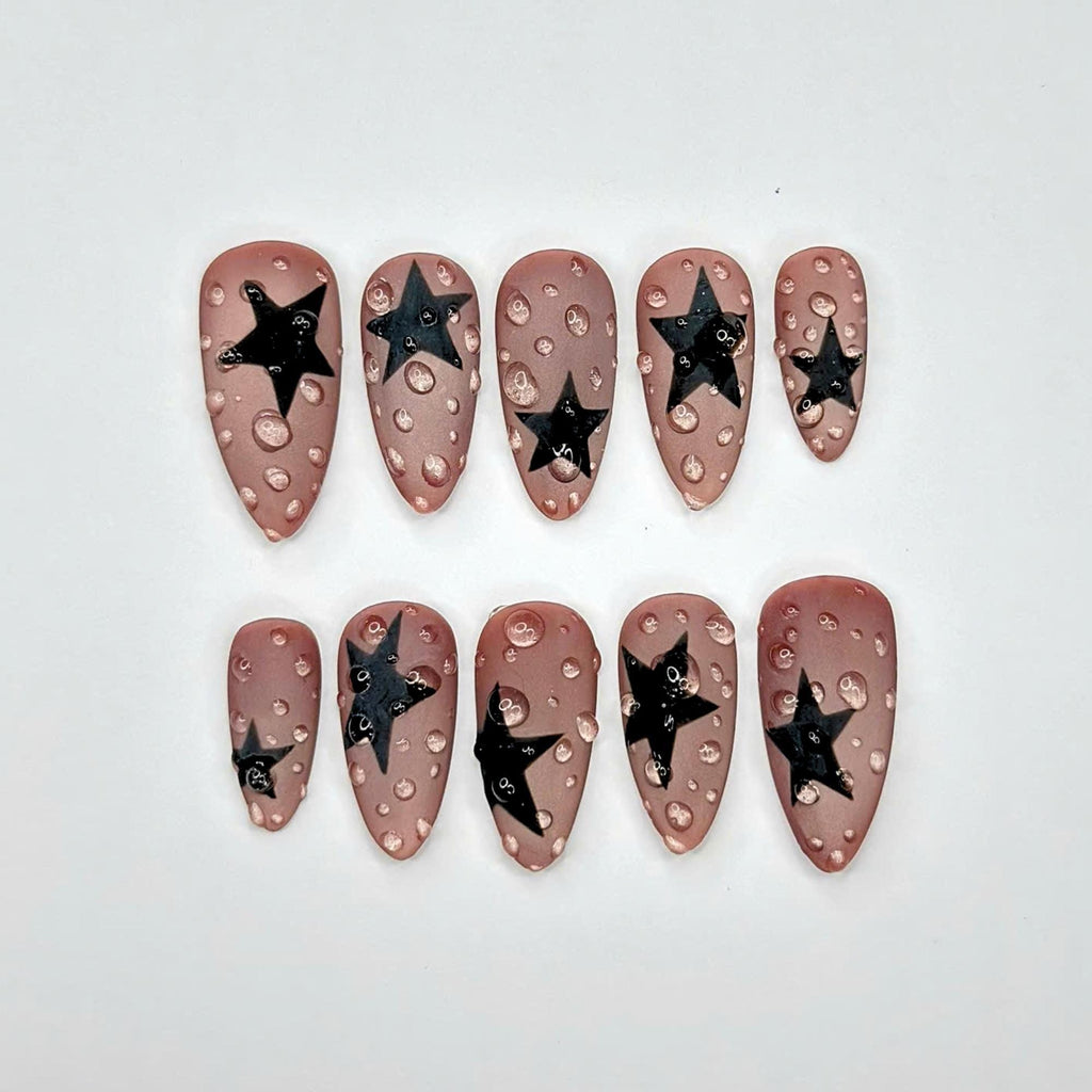 Black Star Y2K Press On Nails | Matte Water  Nail Set | Soft Grunge Starcore Handmade False Nails | JB446UC