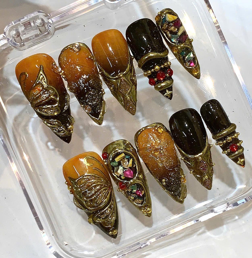 Gothic Butterfly Stiletto Press On Nails, Black Bronze 3D Maximalist Statement False Nails