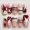 Red Star Press On Nails, Y2K Grunge French Tips, Handmade Retro Chrome Nail Art