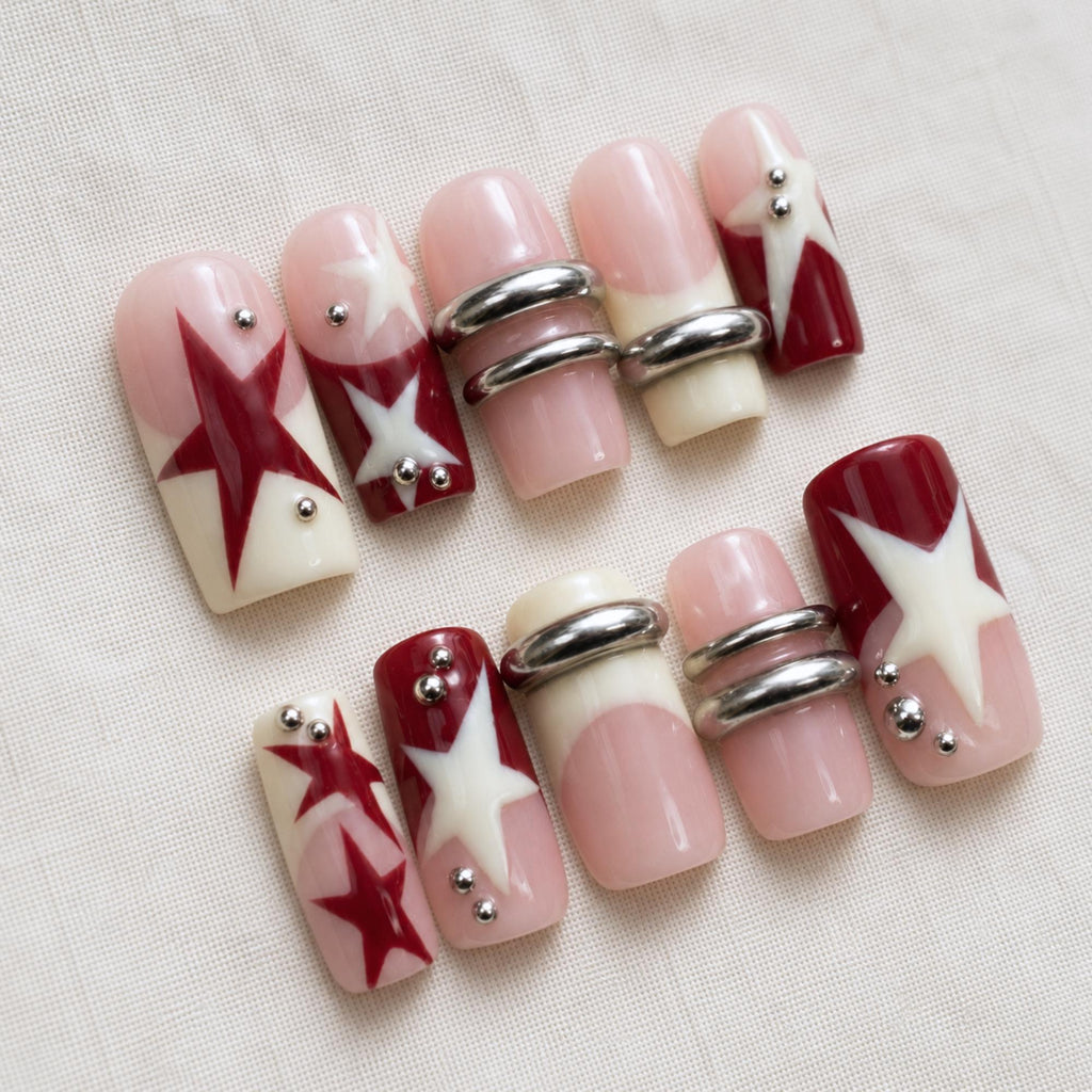 Red Star Press On Nails, Y2K Grunge French Tips, Handmade Retro Chrome Nail Art