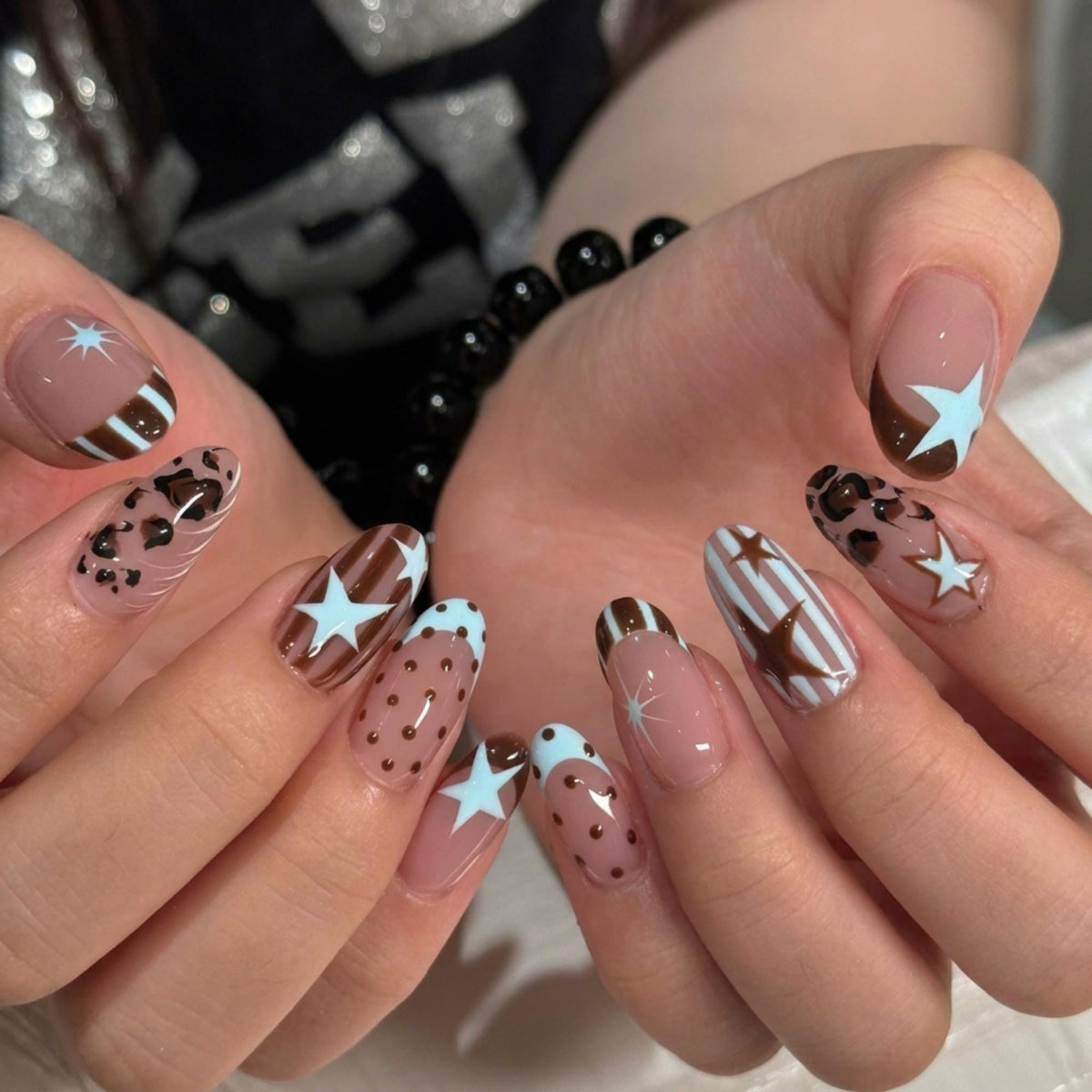 Polka Dot Star Press On Nails, Brown Blue Stripe Nails, Retro Western Chic Nail Set