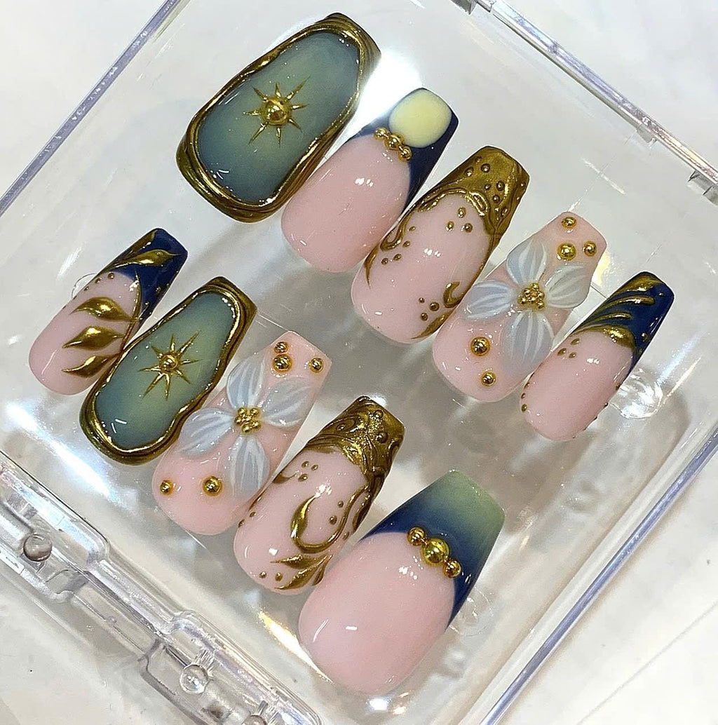 3D Floral Chrome Coffin Press On Nails, Celestial Luxury Set, Reusable False Nails