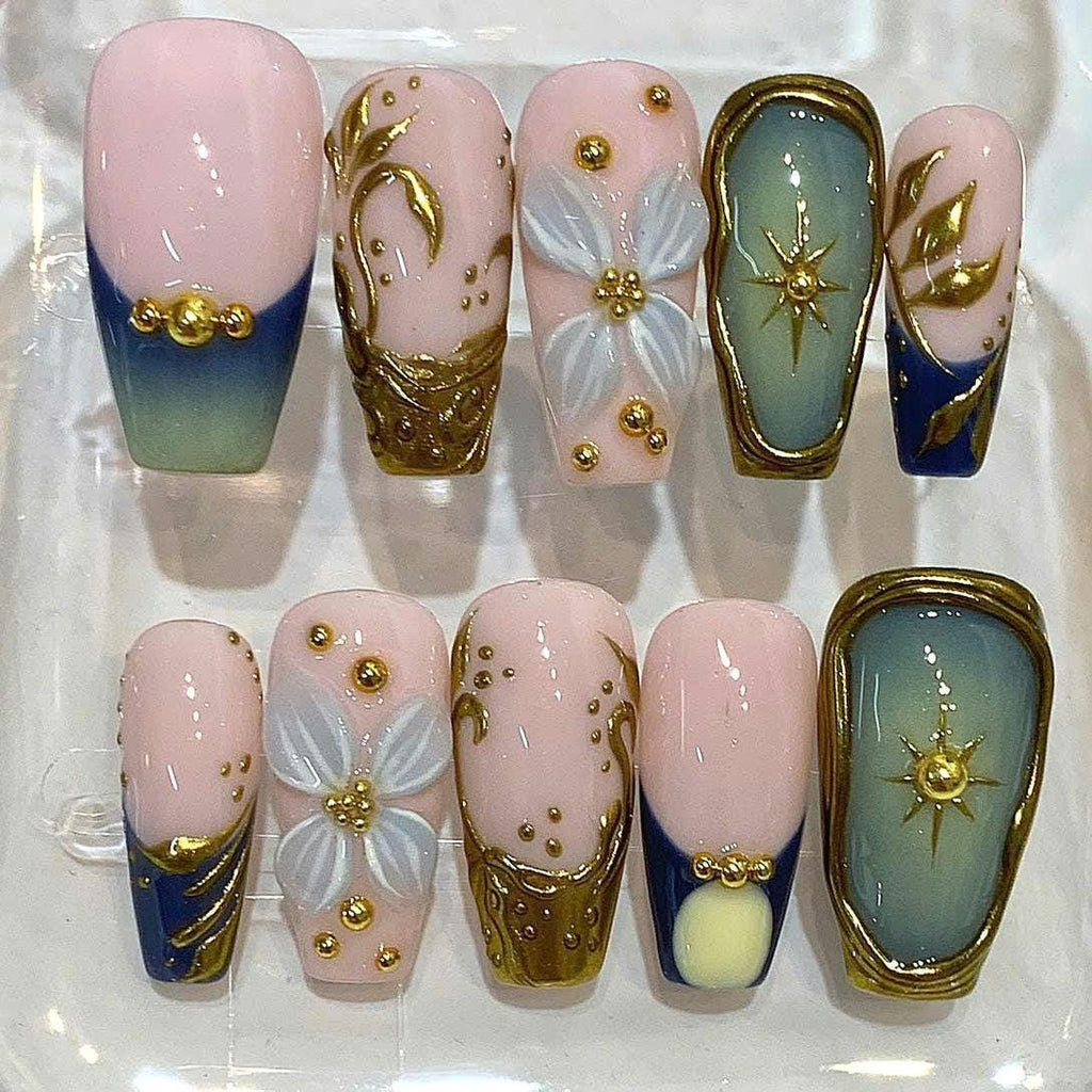 3D Floral Chrome Coffin Press On Nails, Celestial Luxury Set, Reusable False Nails