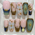 3D Floral Chrome Coffin Press On Nails, Celestial Luxury Set, Reusable False Nails