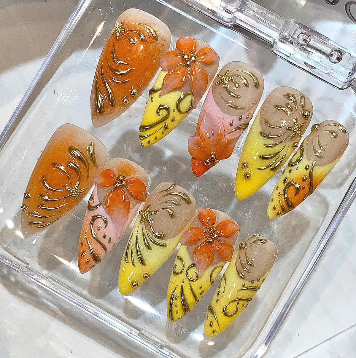 Tropical Ombre Floral Stiletto Press On Nails, Summer Vacation Luxury Set