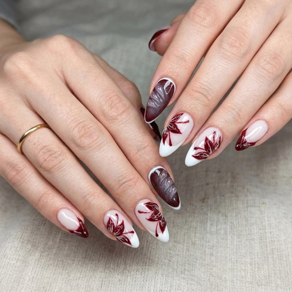 Autumn Press On Nails with Burgundy Leaf Design | Glossy Nude Fall Fake Nails in Almond Shape | Handmade Nail Art for Thanksgiving | JC463UC