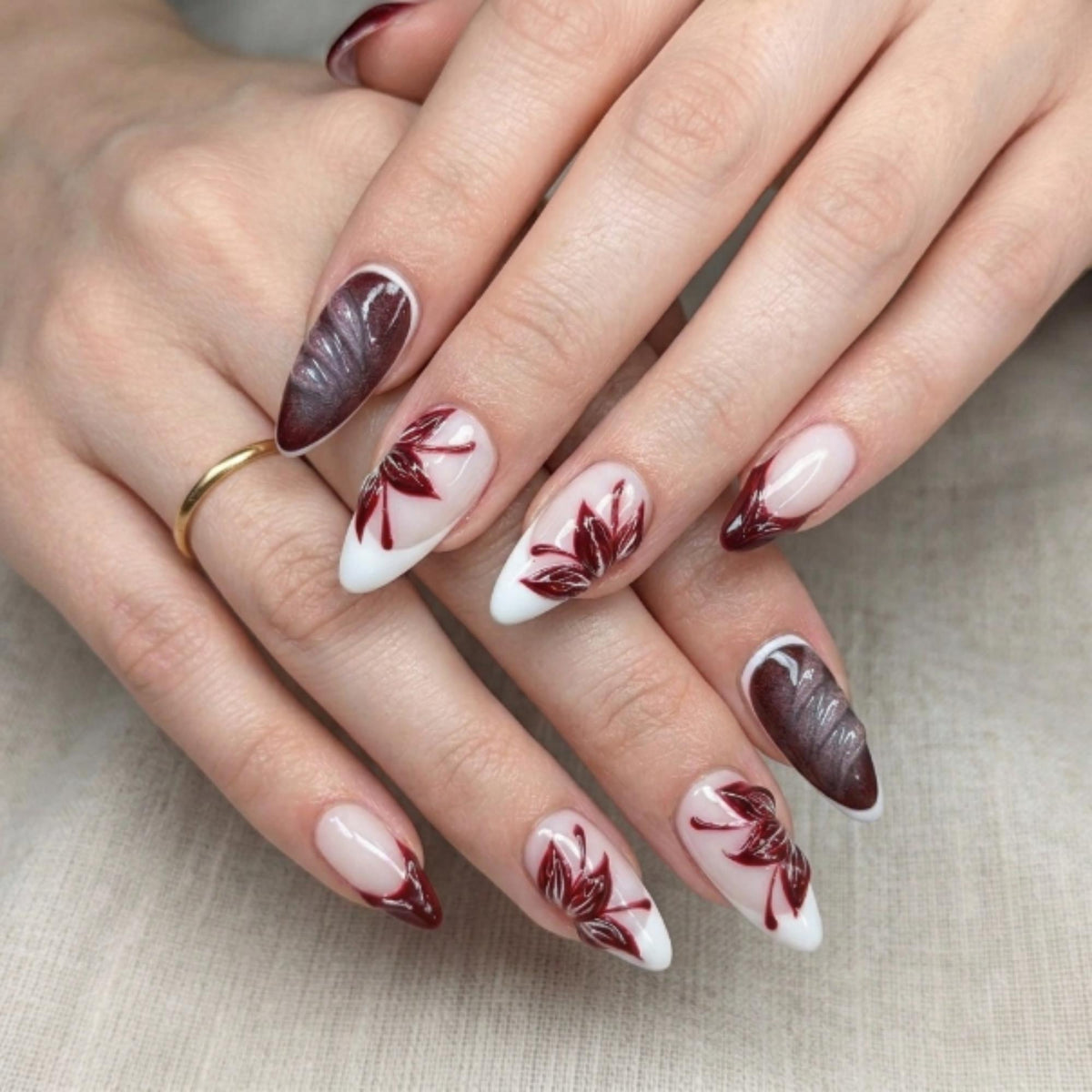 Autumn Press On Nails with Burgundy Leaf Design | Glossy Nude Fall Fake Nails in Almond Shape | Handmade Nail Art for Thanksgiving | JC463UC