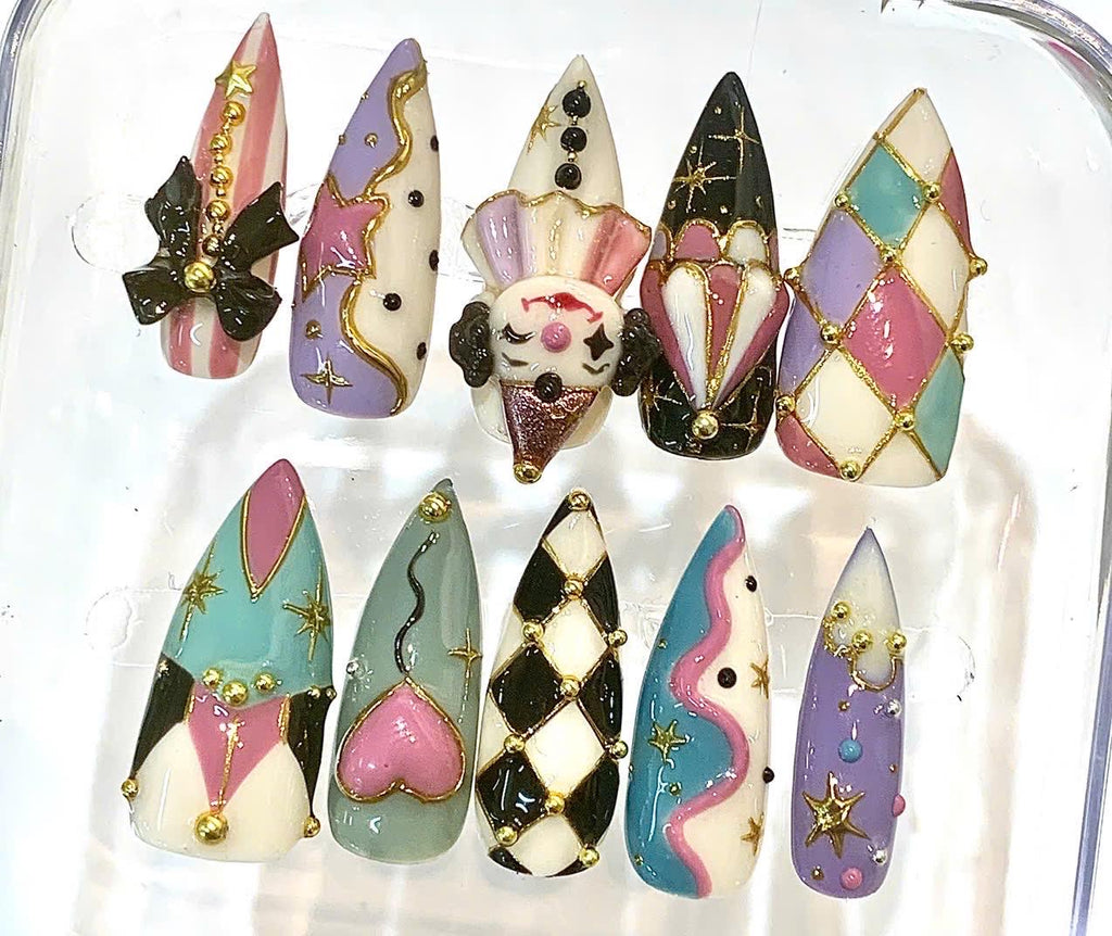Halloween Circus Press On Nails, Spooky Carnival Clown Stiletto Set
