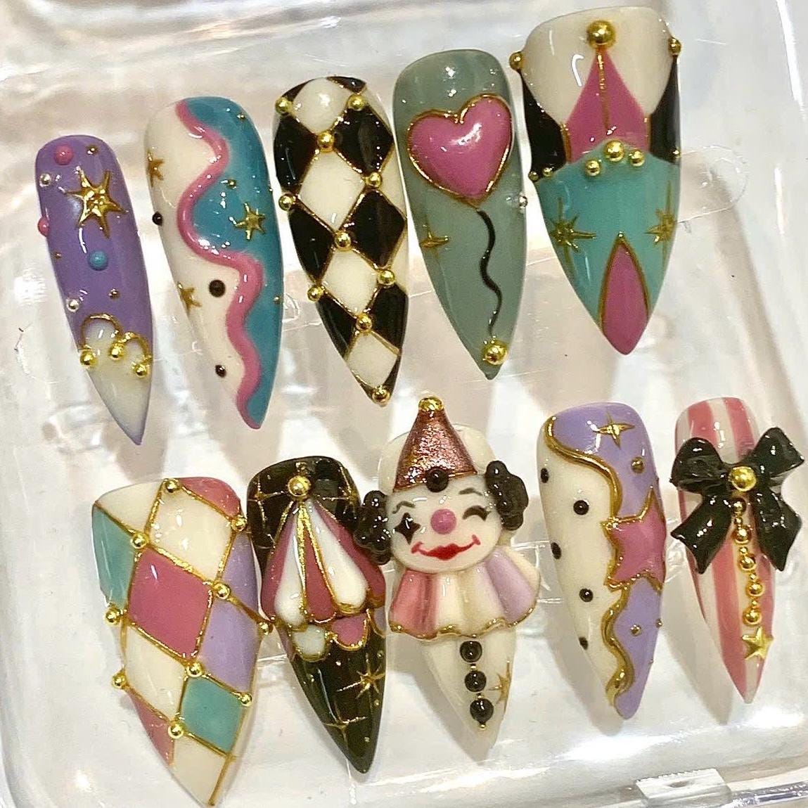 Halloween Circus Press On Nails, Spooky Carnival Clown Stiletto Set