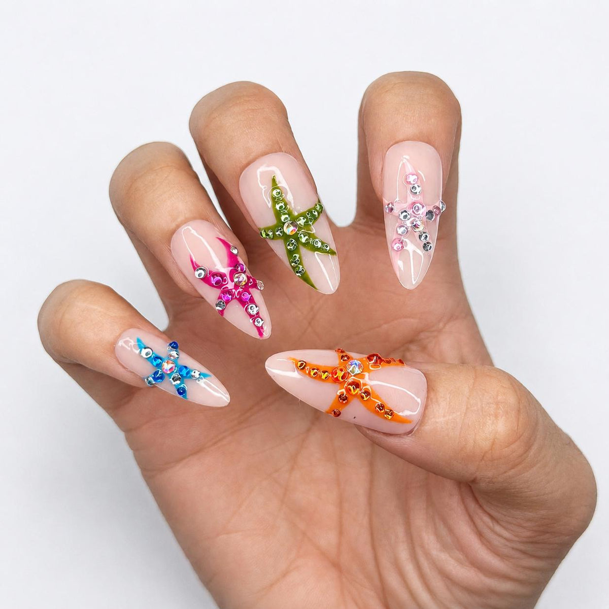 Colorful Starfish Press On Nails | Tropical Mermaid Nails | Beach Vacation Nail Set | JB448J