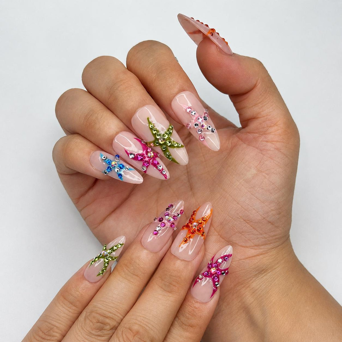 Colorful Starfish Press On Nails | Tropical Mermaid Nails | Beach Vacation Nail Set | JB448J