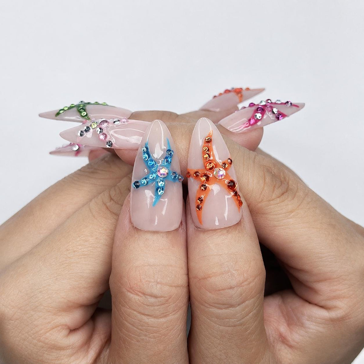 Colorful Starfish Press On Nails | Tropical Mermaid Nails | Beach Vacation Nail Set | JB448J
