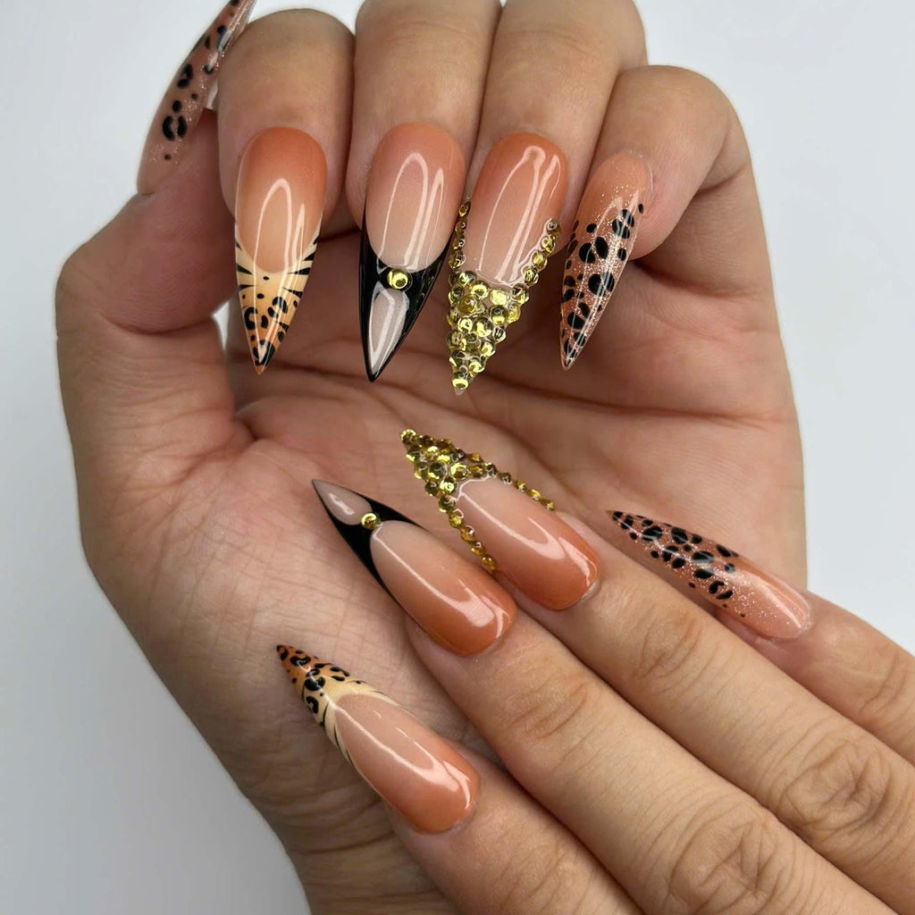 Luxury Leopard Press On Nails with Gold Rhinestones | Nude French Tip Animal Print Nails | Glam Statement Manicure | JC464JC