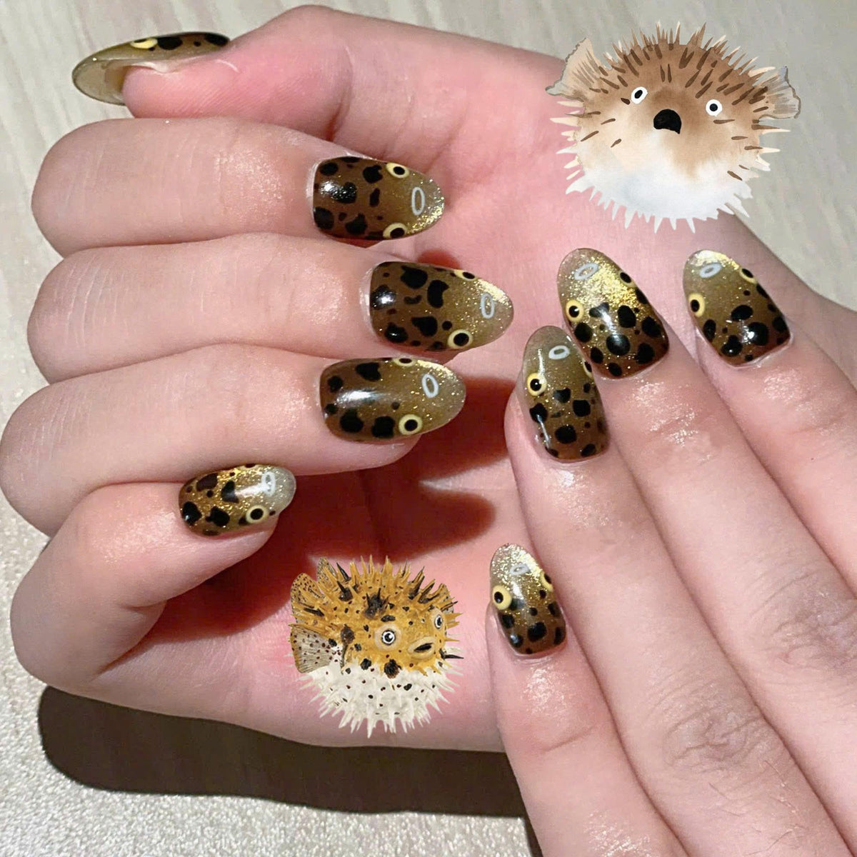 Pufferfish Press On Nails | Cute Ocean Nail Set | Gold Cat Eye Sea Life Nails | Japanese Kawaii Handmade Gel Press On Nails | JC449UC