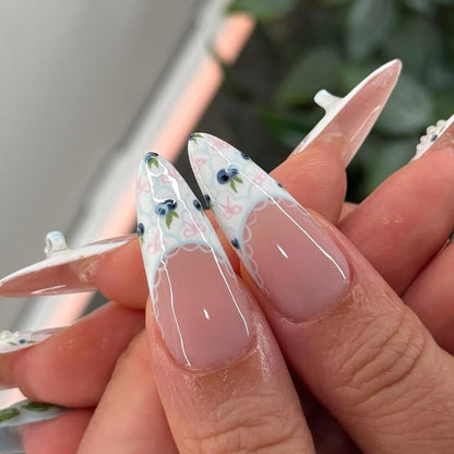 Elegant Blueberry Press On Nails, Coquette French Floral Nail Set