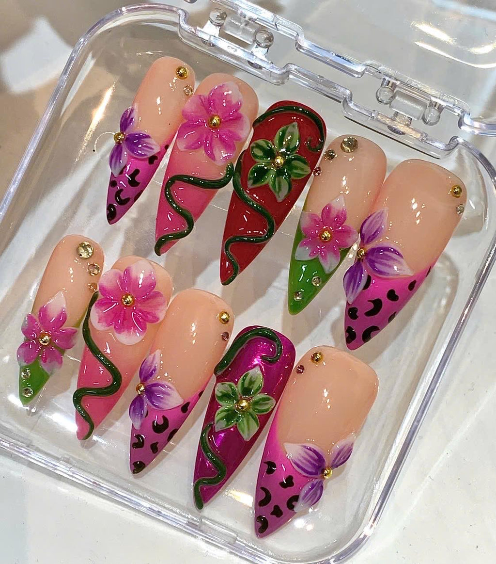 Tropical Hibiscus Press On Nails, Pink Floral 3D Stiletto Summer Vacation Set