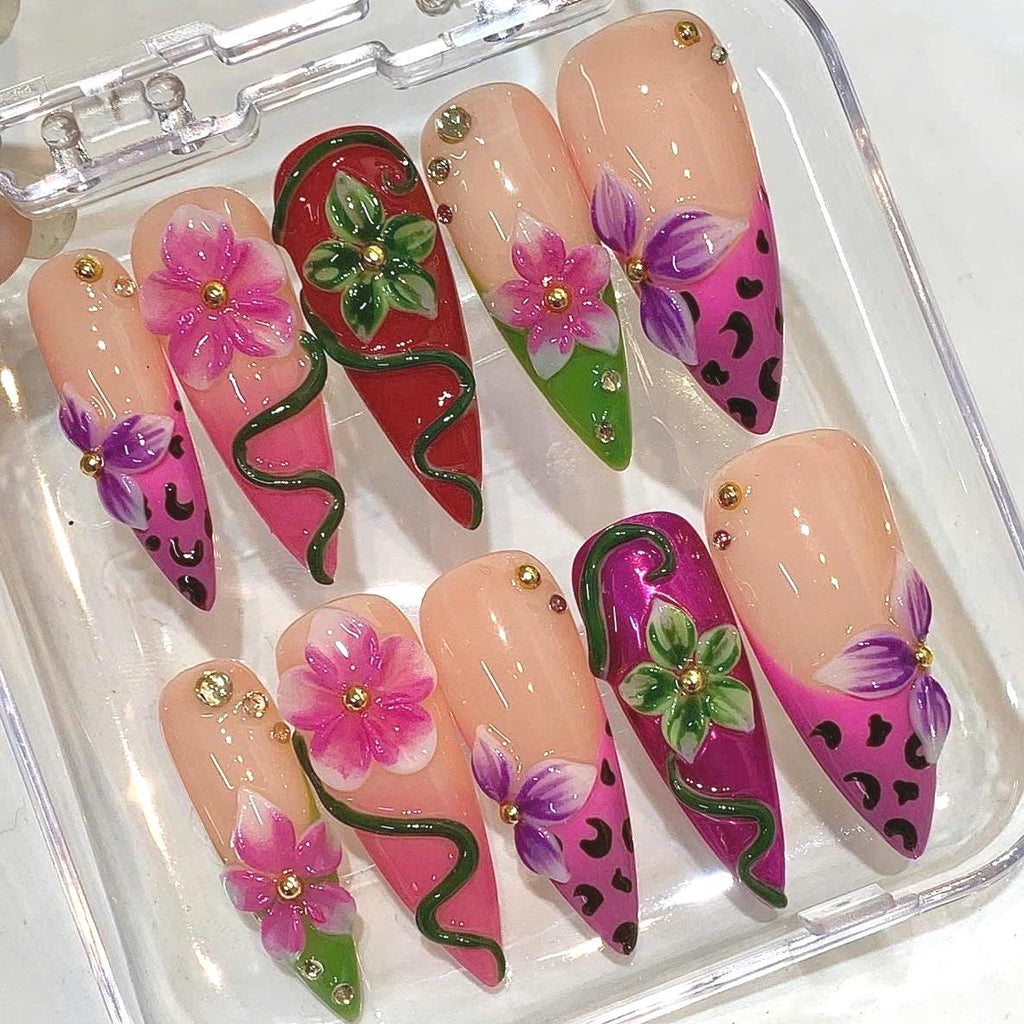 Tropical Hibiscus Press On Nails, Pink Floral 3D Stiletto Summer Vacation Set
