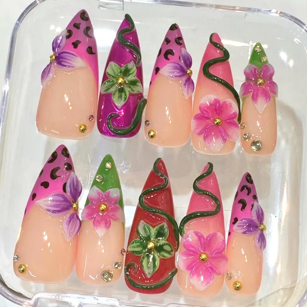 Tropical Hibiscus Press On Nails, Pink Floral 3D Stiletto Summer Vacation Set