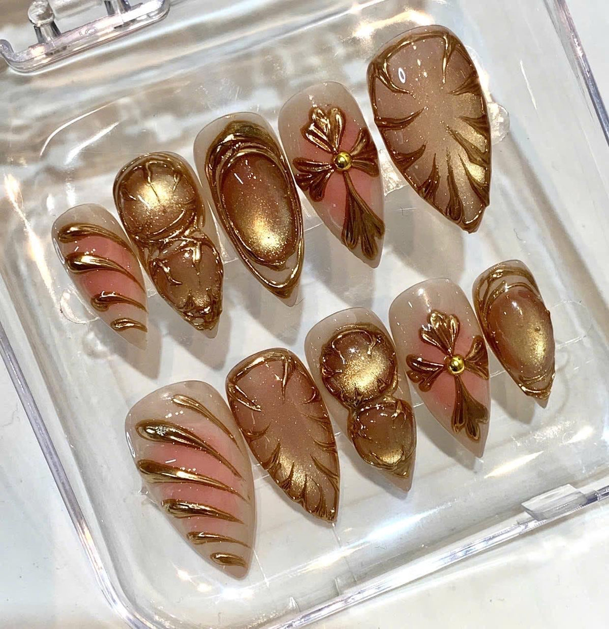 Luxury Bronze Chrome Press On Nails | 3D Metallic Sculpted Nails | Hand Painted Gold Nude Nails | Reusable Glam False Nails | Custom Size Gi