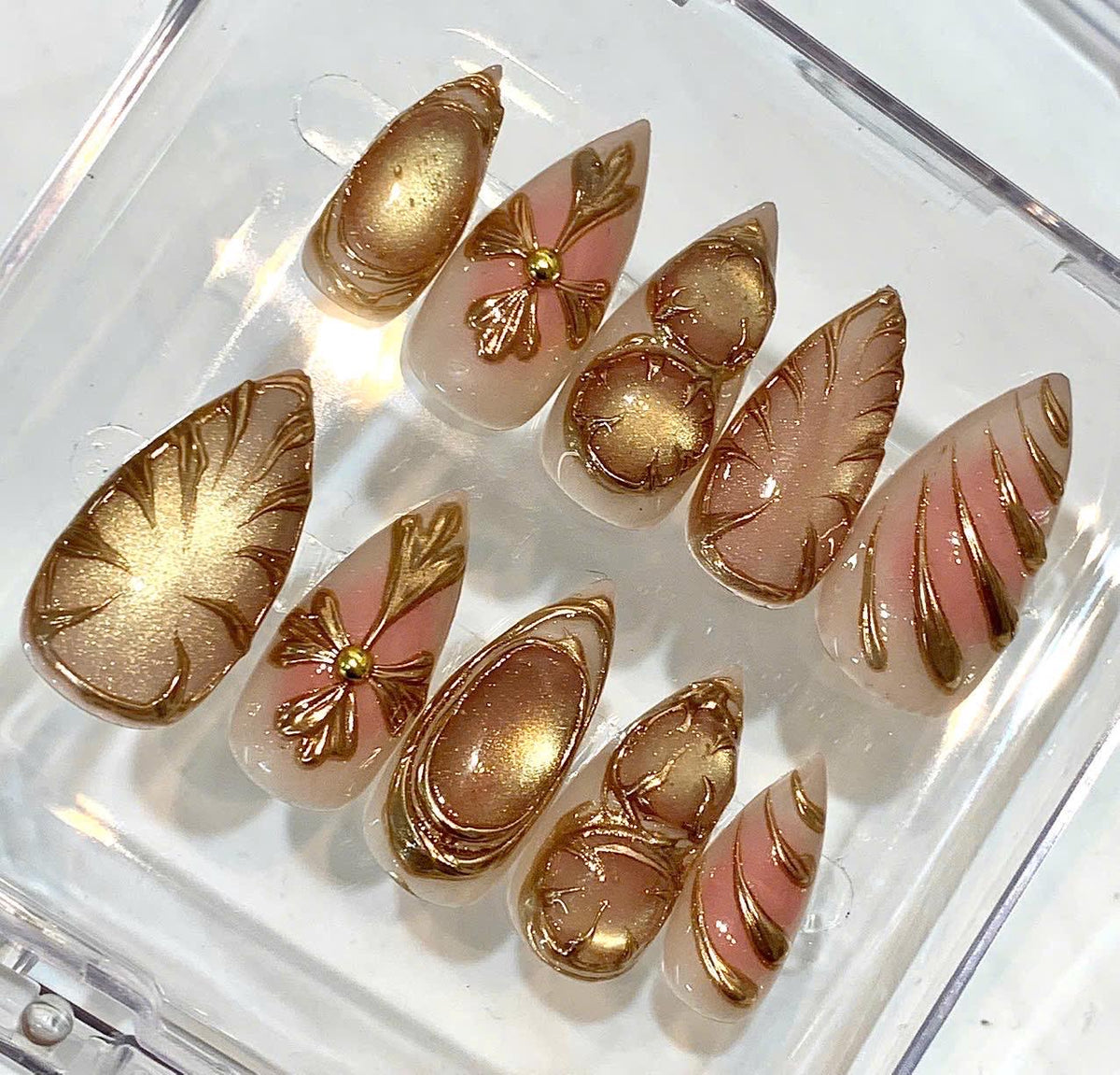 Luxury Bronze Chrome Press On Nails | 3D Metallic Sculpted Nails | Hand Painted Gold Nude Nails | Reusable Glam False Nails | Custom Size Gi