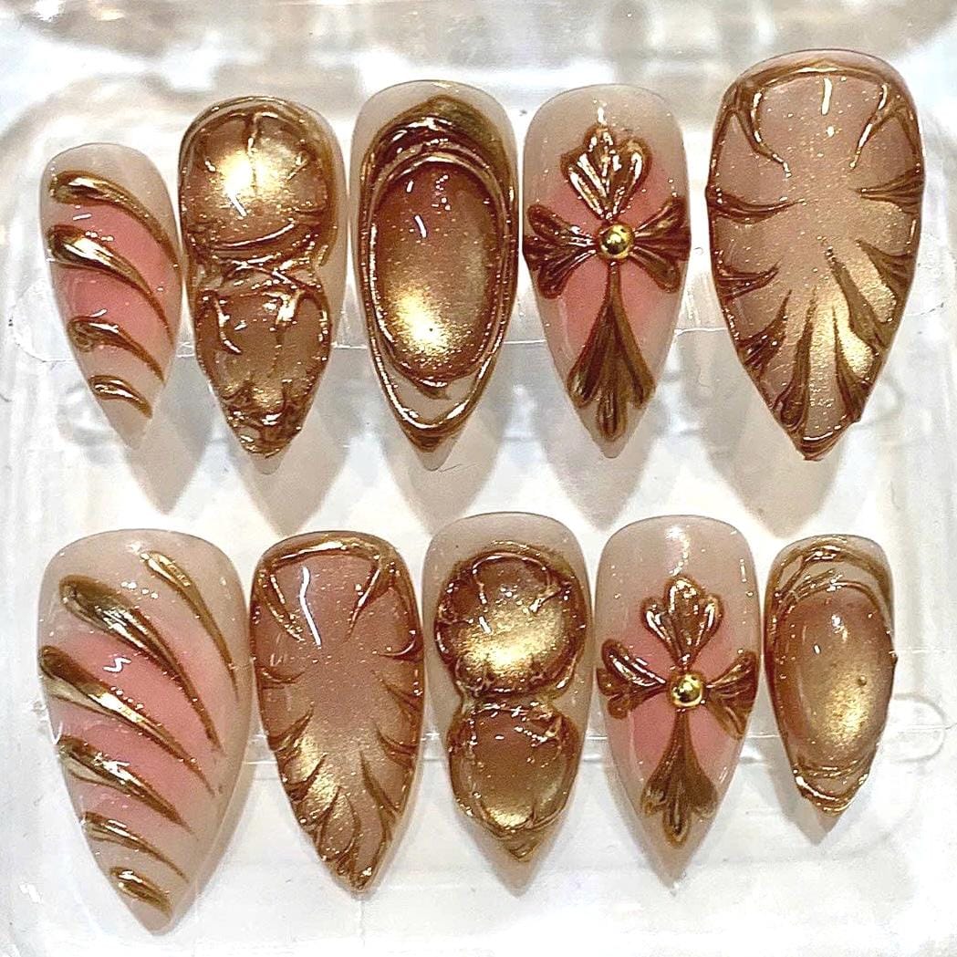 Luxury Bronze Chrome Press On Nails | 3D Metallic Sculpted Nails | Hand Painted Gold Nude Nails | Reusable Glam False Nails | Custom Size Gi