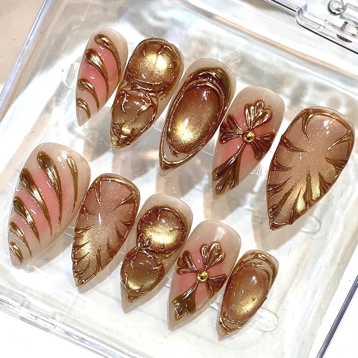 Luxury Bronze Chrome Press On Nails | 3D Metallic Sculpted Nails | Hand Painted Gold Nude Nails | Reusable Glam False Nails | Custom Size Gi