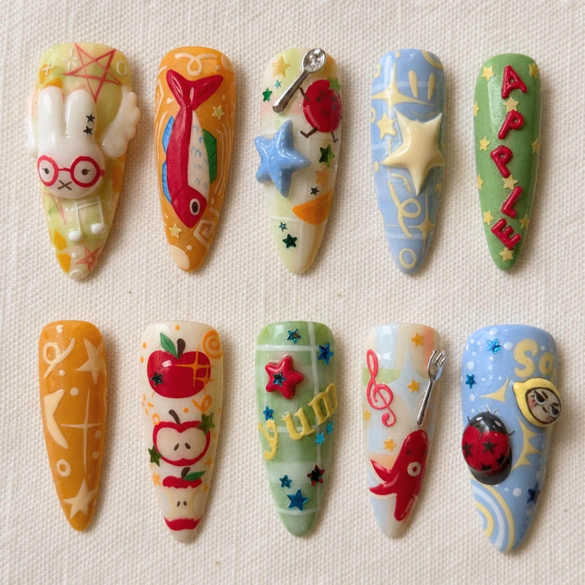 Kawaii Whimsical Press On Nails, Colorful 3D Cartoon Nail Set, Handmade Playful Cartoon Nails