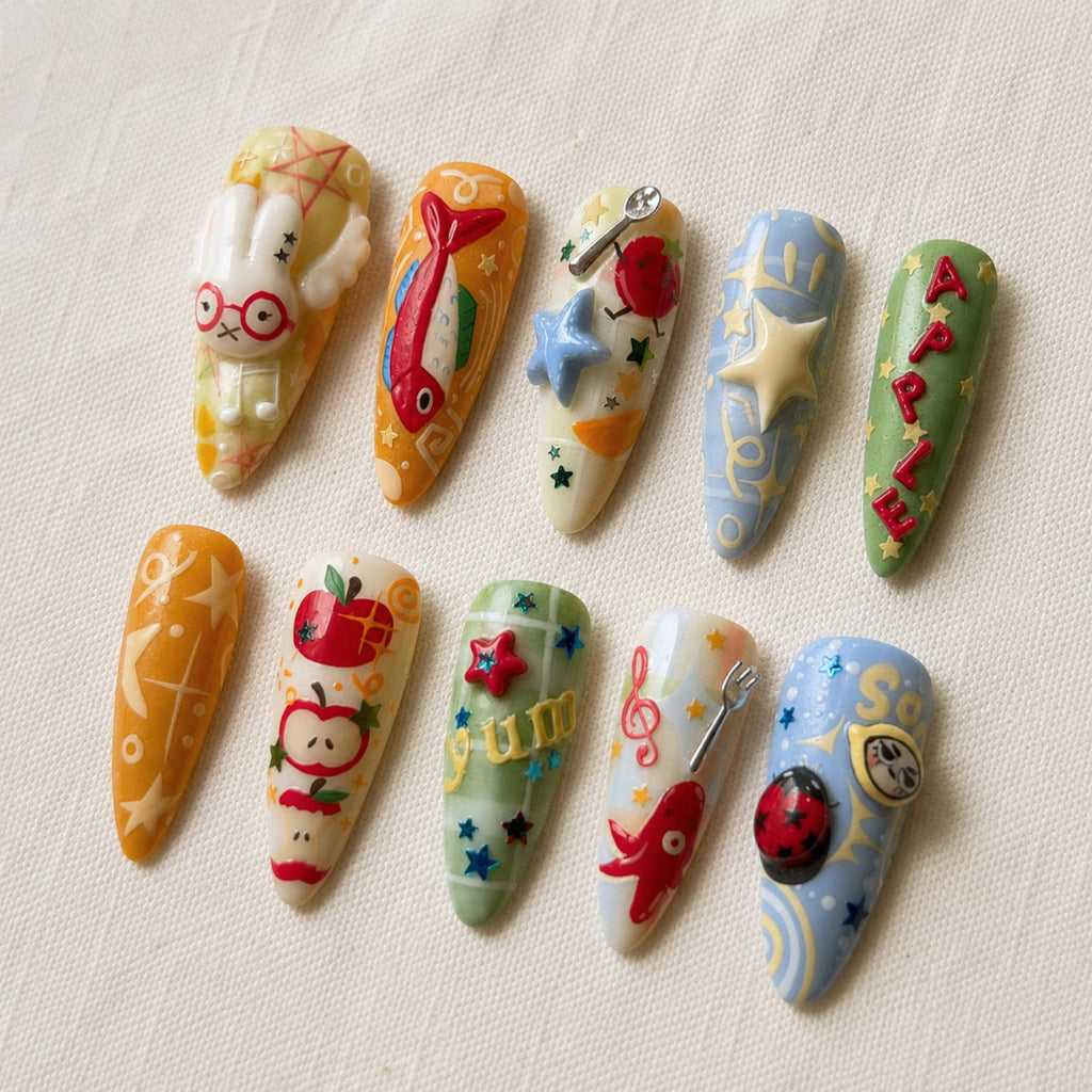 Kawaii Whimsical Press On Nails, Colorful 3D Cartoon Nail Set, Handmade Playful Cartoon Nails