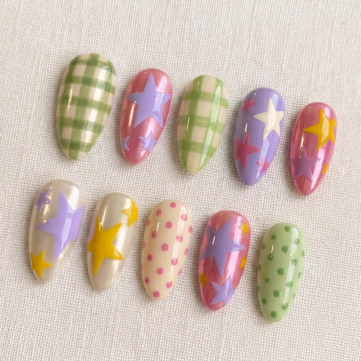 Kawaii Star Press On Nails, Pastel Gingham Fairy Kei Nail Set