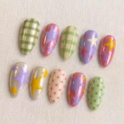 Kawaii Star Press On Nails, Pastel Gingham Fairy Kei Nail Set