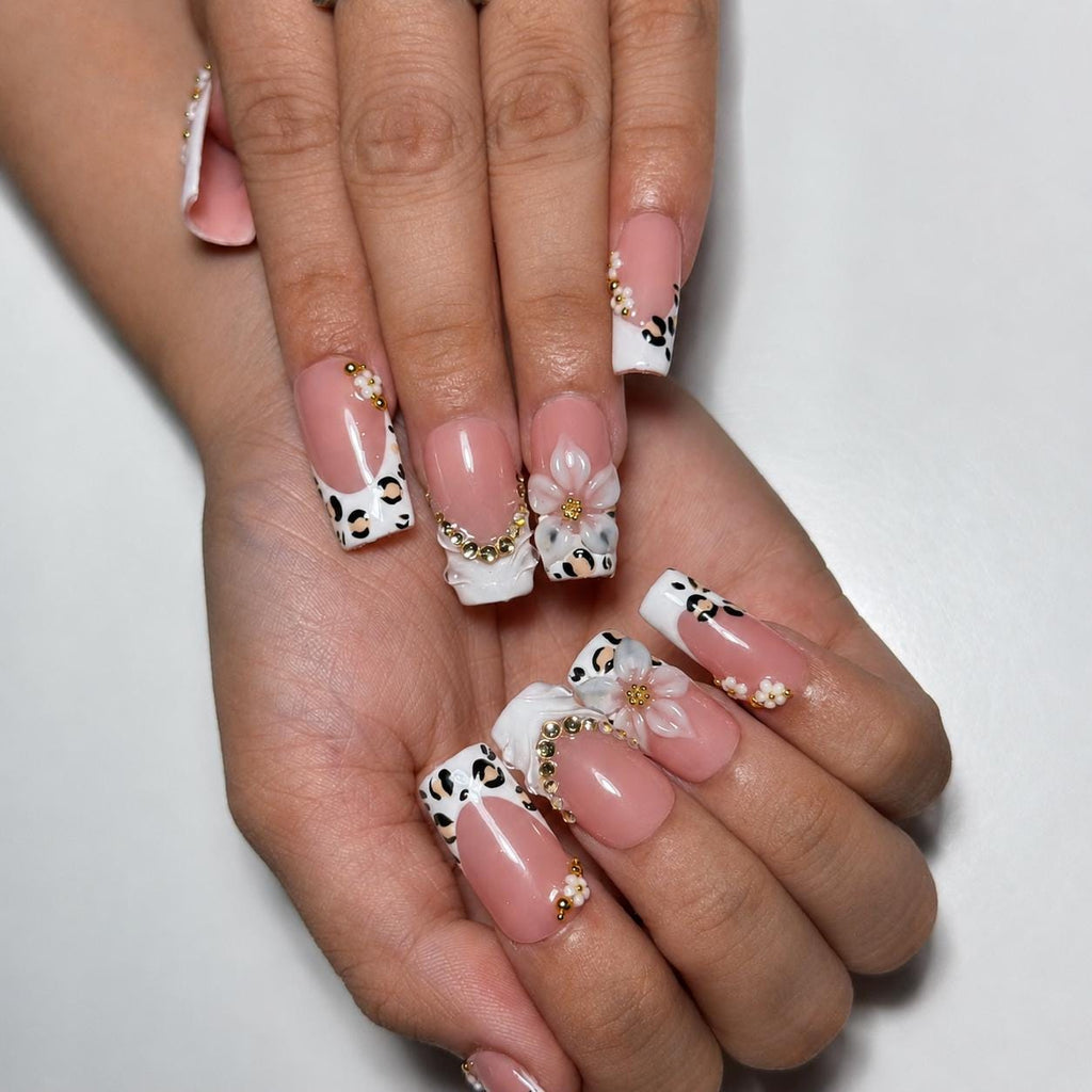 Luxury Leopard Press On Nails | Pearl Flower Nude Nail Set | Elegant French Tip Nails |  Quiet Luxury Animal Print Nails | JC450J
