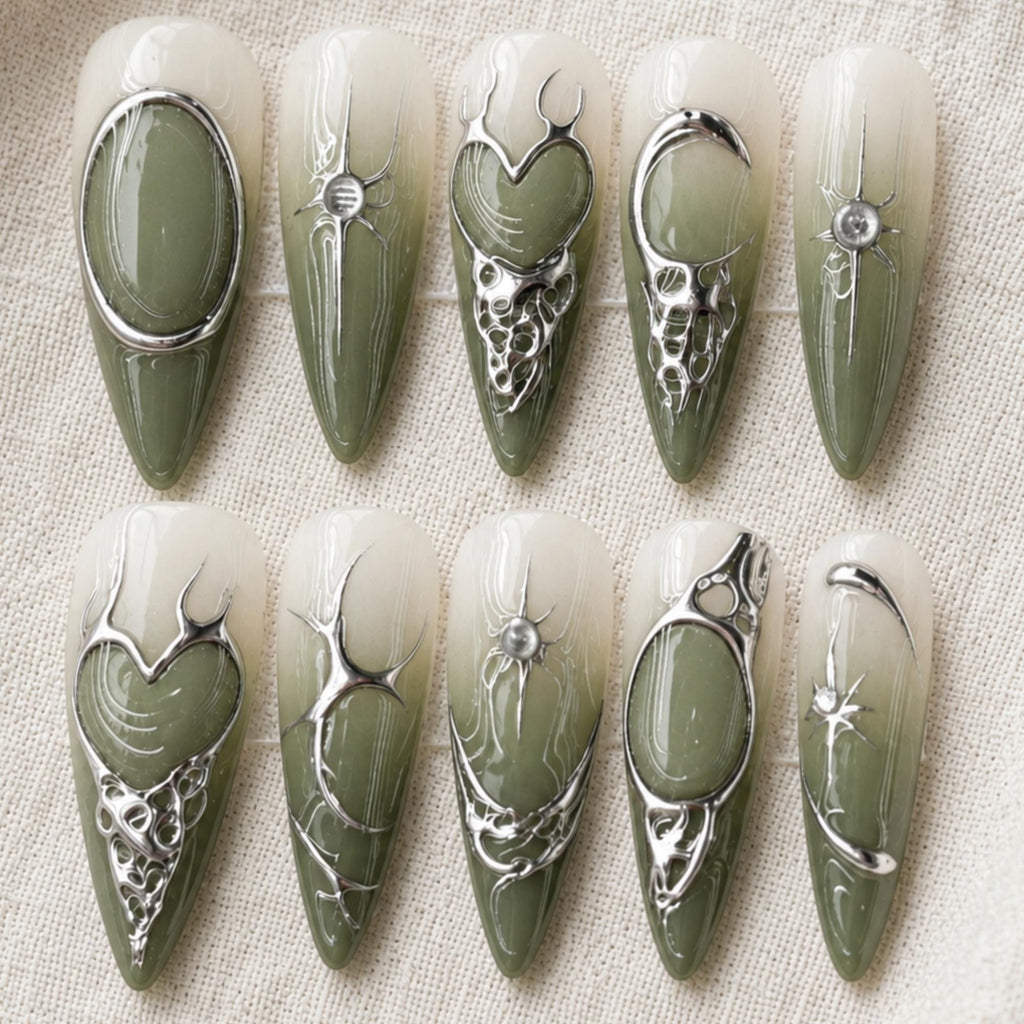 Sage Green Chrome Press On Nails, Gothic Heart Cyber Nails, Futuristic Nail Art