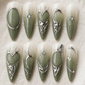 Sage Green Chrome Press On Nails, Gothic Heart Cyber Nails, Futuristic Nail Art