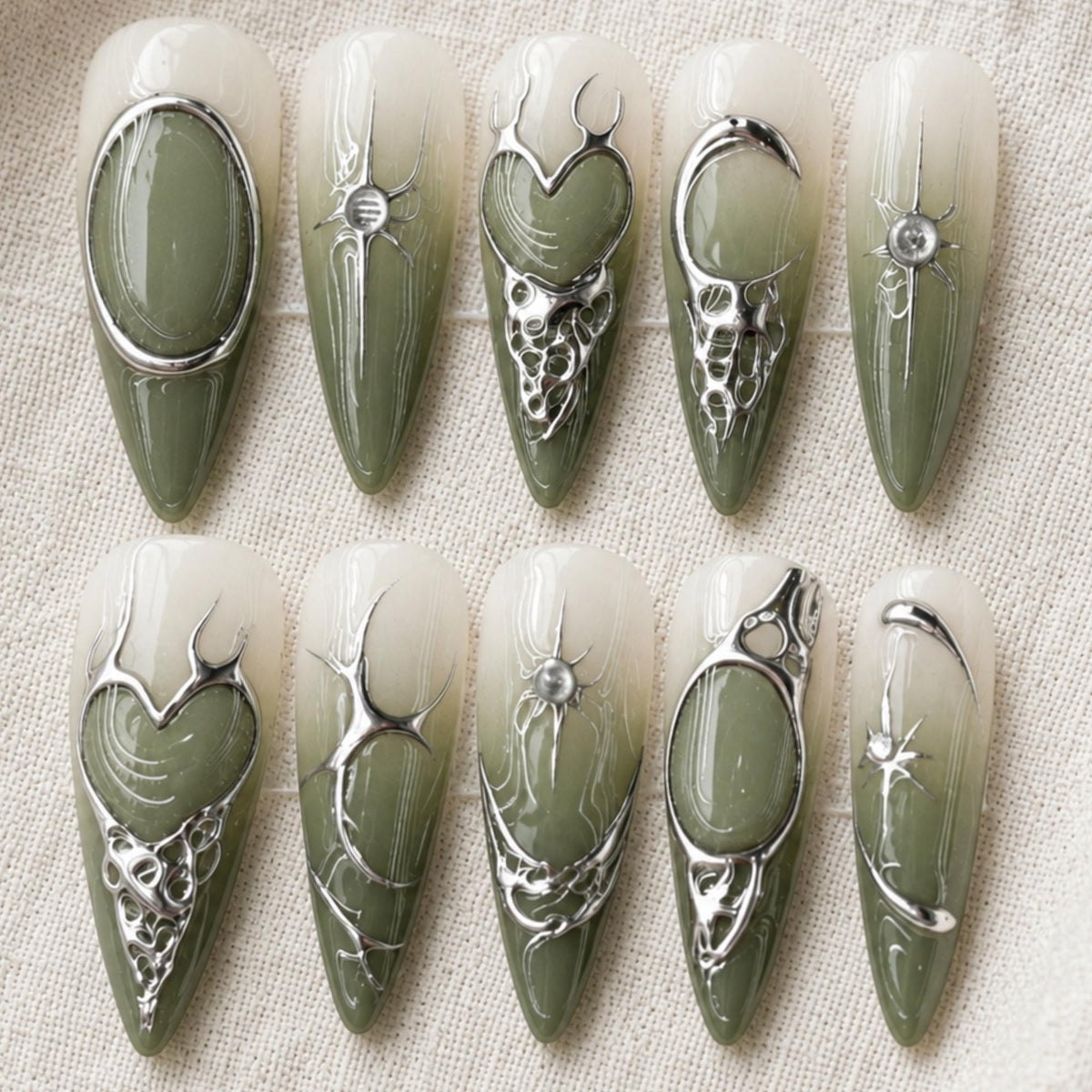 Sage Green Chrome Press On Nails, Gothic Heart Cyber Nails, Futuristic Nail Art