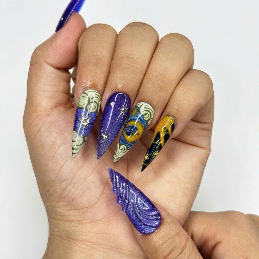 Celestial Art Press On Nails | Starry Night Sky Nail Set | Hand Painted Fantasy Nails | Sapphire Blue Statement Manicure | JC451JC