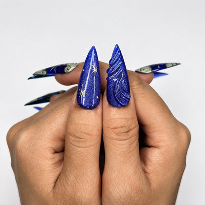 Celestial Art Press On Nails | Starry Night Sky Nail Set | Hand Painted Fantasy Nails | Sapphire Blue Statement Manicure | JC451JC
