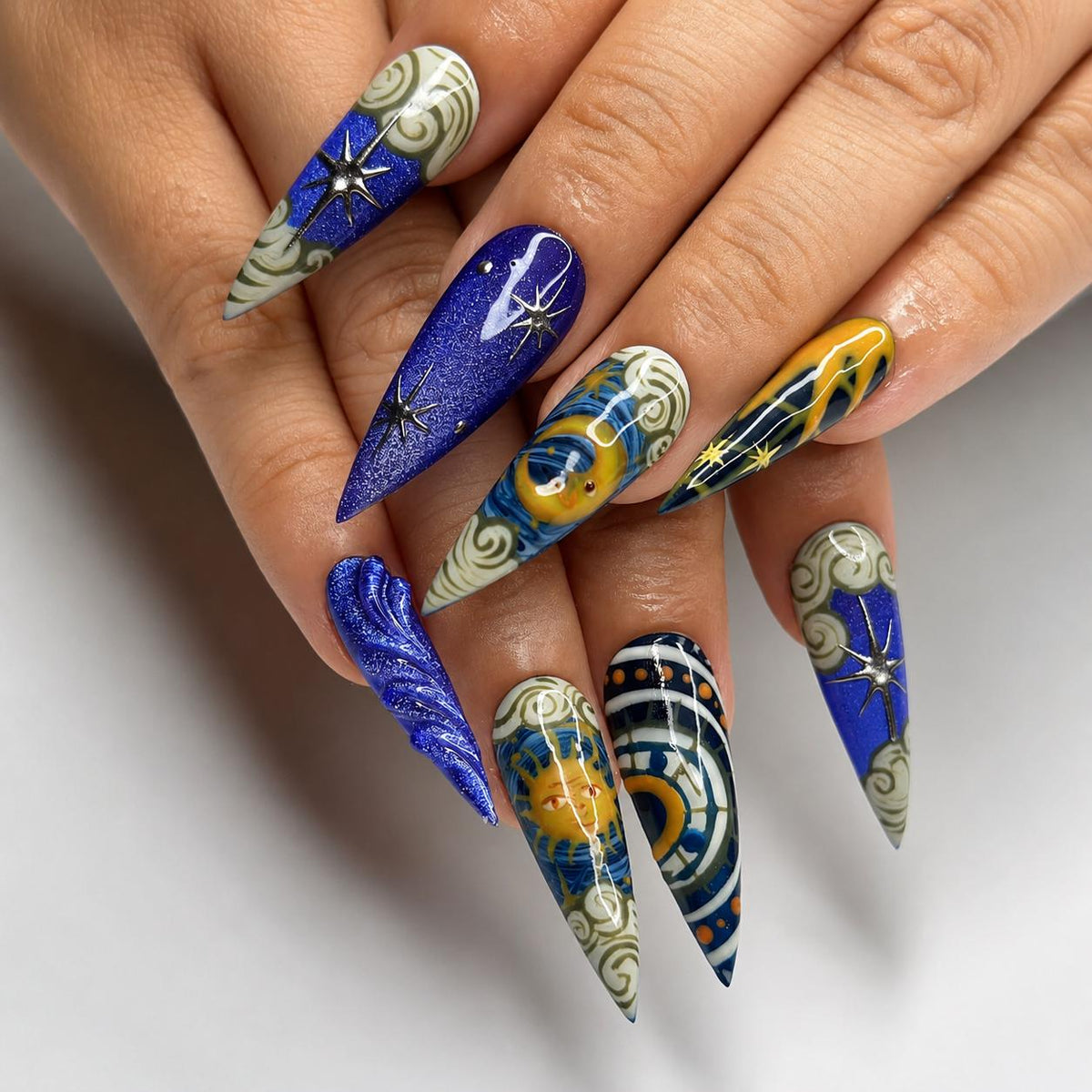 Celestial Art Press On Nails | Starry Night Sky Nail Set | Hand Painted Fantasy Nails | Sapphire Blue Statement Manicure | JC451JC