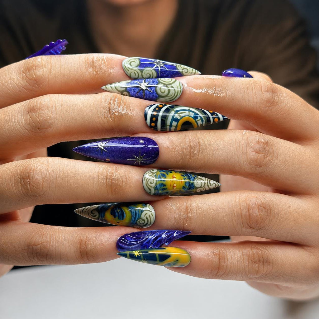 Celestial Art Press On Nails | Starry Night Sky Nail Set | Hand Painted Fantasy Nails | Sapphire Blue Statement Manicure | JC451JC