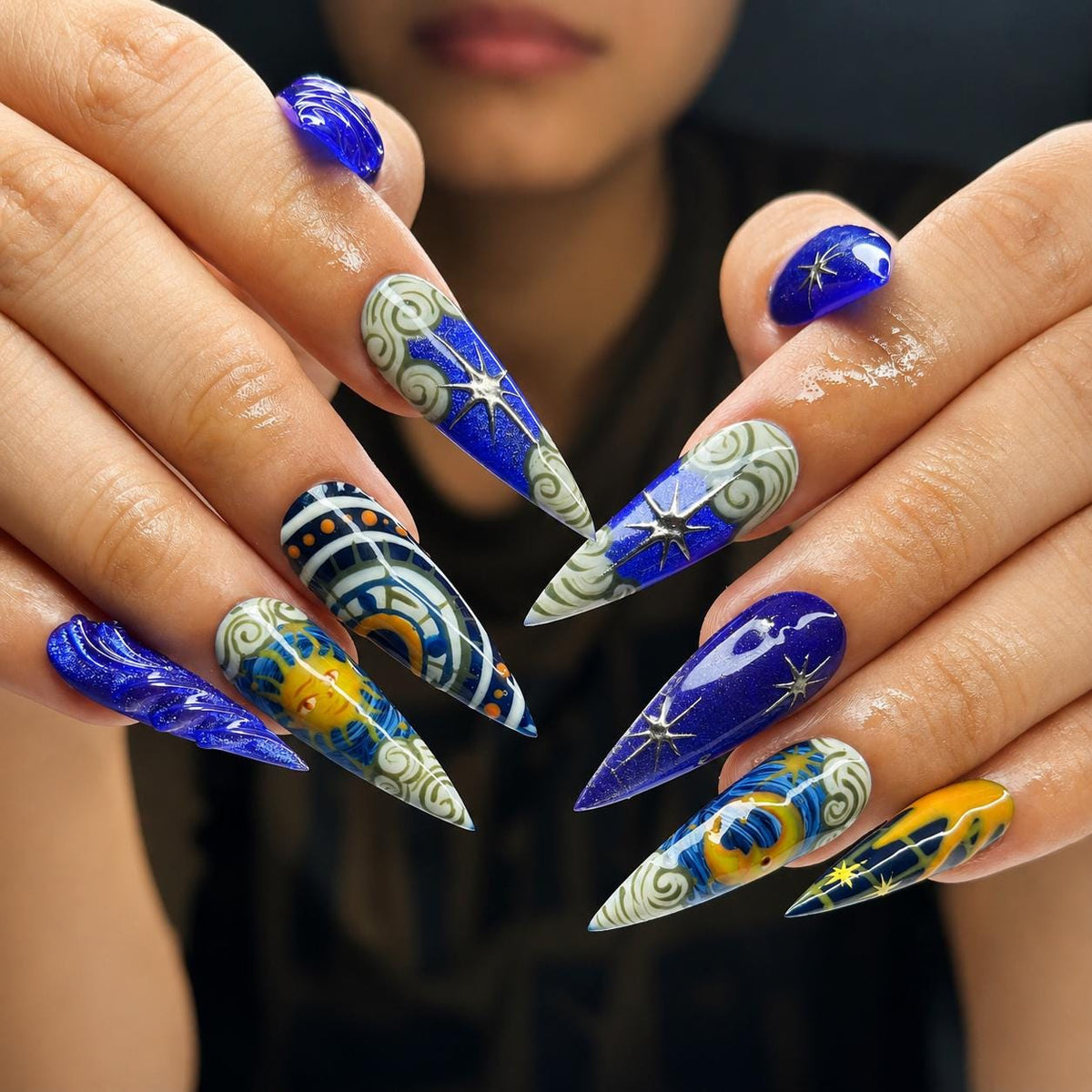 Celestial Art Press On Nails | Starry Night Sky Nail Set | Hand Painted Fantasy Nails | Sapphire Blue Statement Manicure | JC451JC