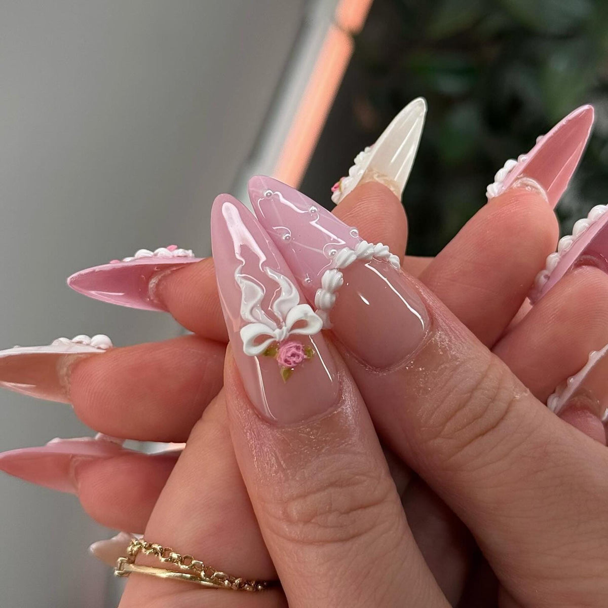 Coquette Birthday Press On Nails, Pink Bow Floral Princess Nails